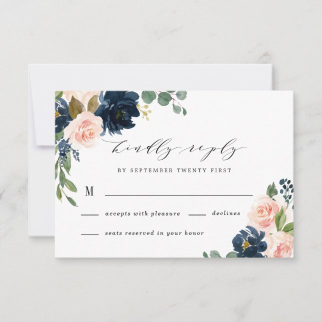 Navy Blue and Blush Pink Floral Country Wedding RSVP Card (Front)