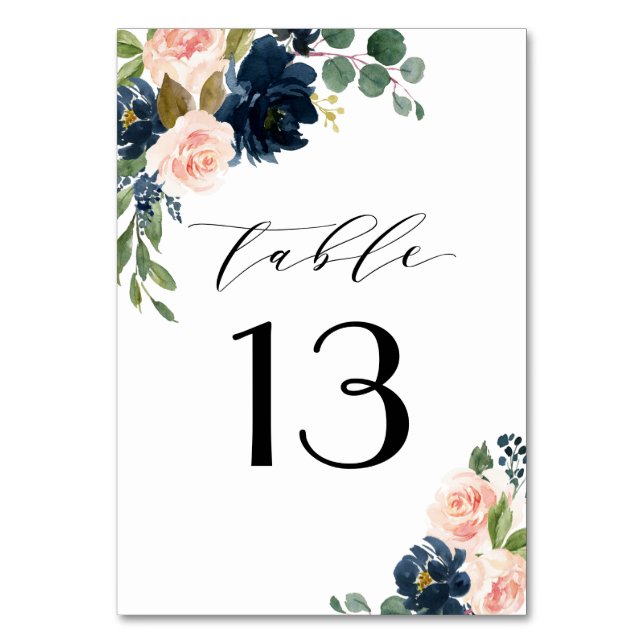 Navy Blue and Blush Pink Floral Country Wedding Table Number (Front)