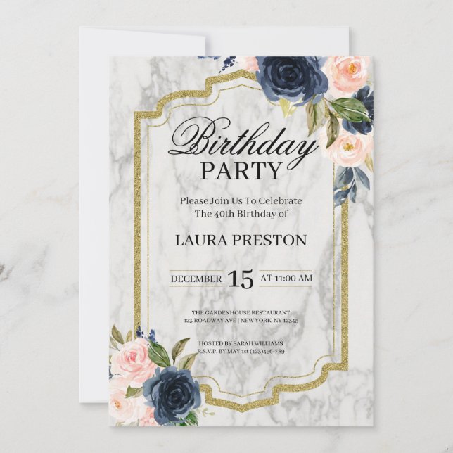 Navy Blue and Blush Pink Floral Marble Birthday Invitation (Front)