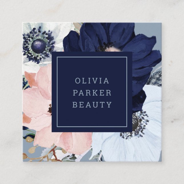 Navy Blue and Blush Pink Floral Square Business Card (Front)