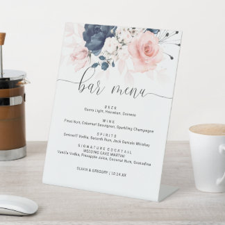 Navy Blue and Blush Pink Floral Wedding Bar Menu Pedestal Sign