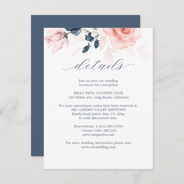 Navy Blue and Blush Pink Floral Wedding Details Enclosure Card (Front/Back)