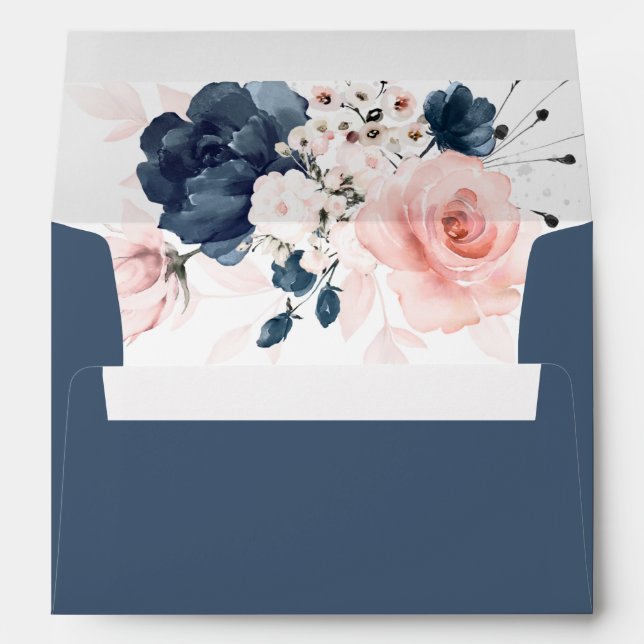 Navy Blue and Blush Pink floral wedding Envelope (Back (Bottom))