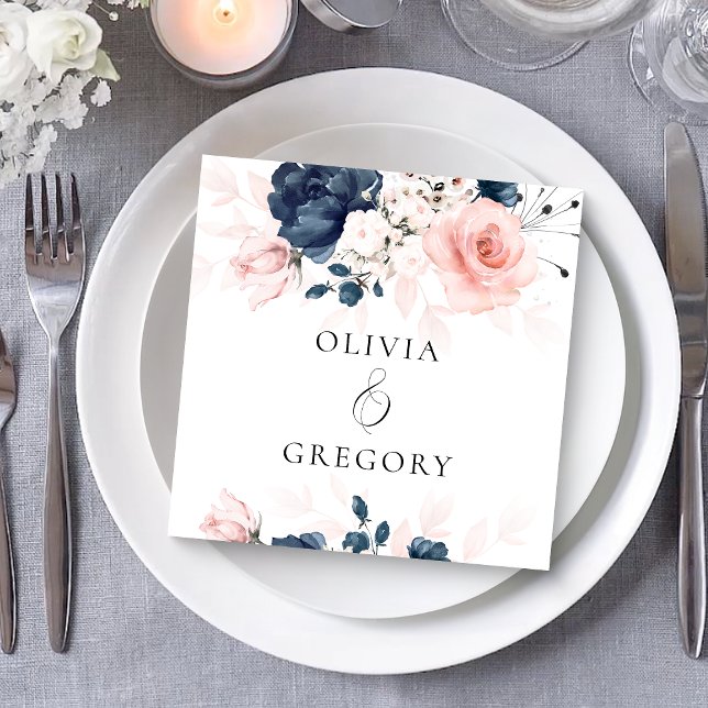 Navy Blue and Blush Pink Floral Wedding  Napkin (Creator Uploaded)
