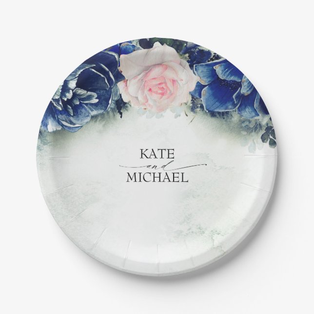 Navy Blue and Blush Pink Floral Wedding Paper Plate (Front)