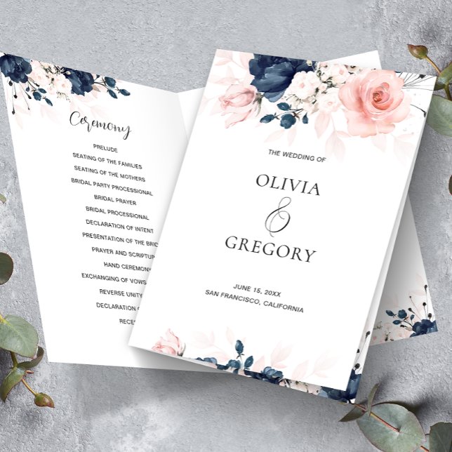 Navy Blue and Blush Pink Floral Wedding Program (Creator Uploaded)