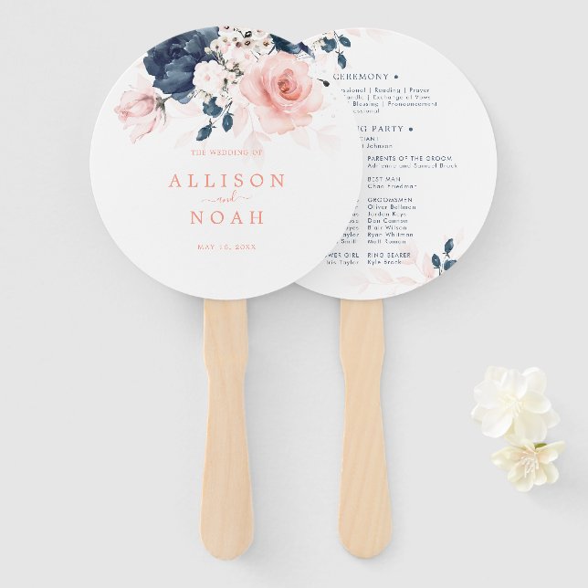 Navy Blue and Blush Pink Floral Wedding Program Hand Fan (Front and Back)