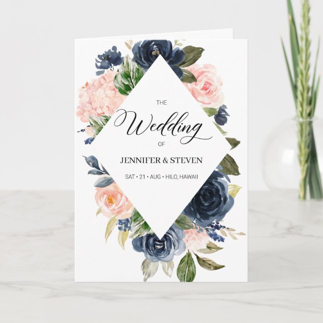 Navy Blue and Blush Pink Floral Wedding Program Programme (Front)