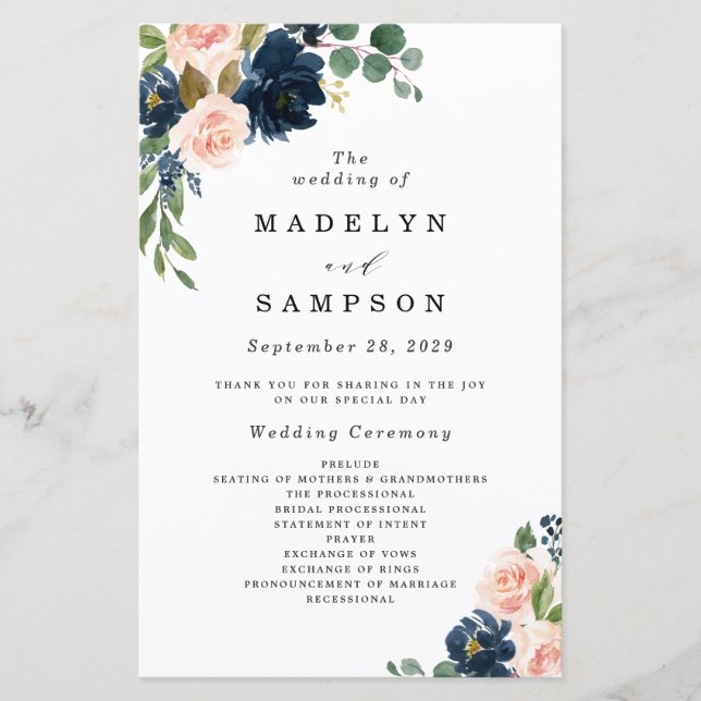 Navy Blue and Blush Pink Floral Wedding Programs (Front)