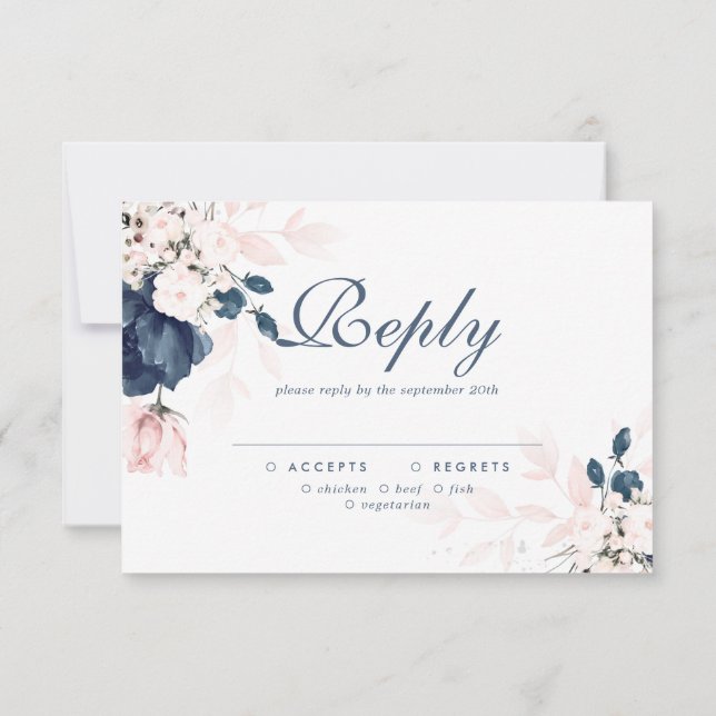 Navy Blue and Blush Pink Floral Wedding RSVP card (Back)