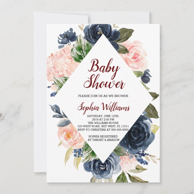 Navy Blue and Blush Pink Flowers Baby Shower Invitation (Front)