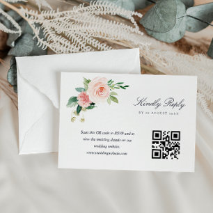 Navy blue and blush pink flowers QR code RSVP card