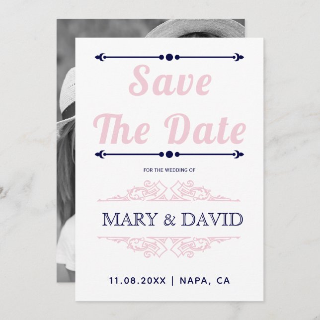 Navy blue and blush pink typography Save the Date (Front/Back)