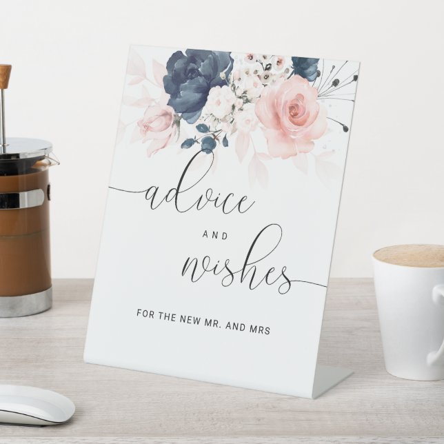 Navy Blue and Blush Pink Wedding Advice and Wishes Pedestal Sign (In SItu)