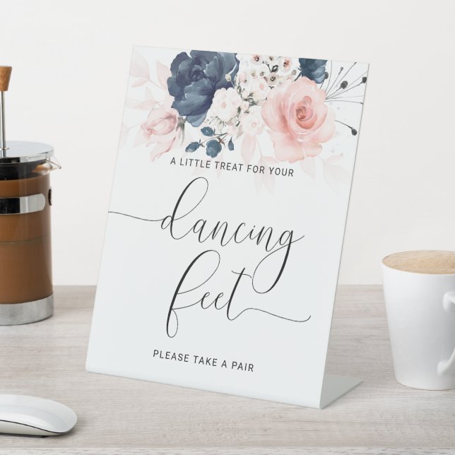 Navy Blue and Blush Pink Wedding Dancing Feet Pedestal Sign (In SItu)
