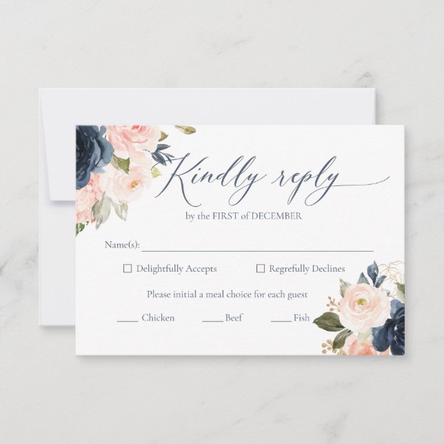 Navy Blue and Blush Pink Wedding RSVP Cards (Front)