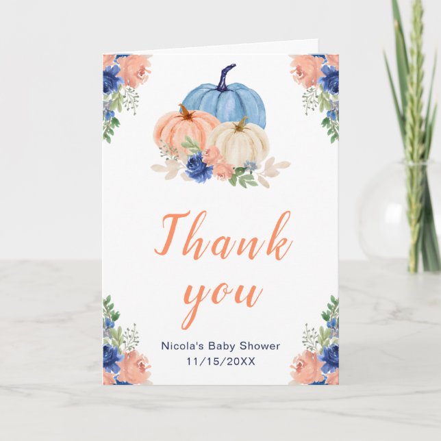 Navy Blue and Blush  Pumpkins Baby Shower Thank You Card (Front)