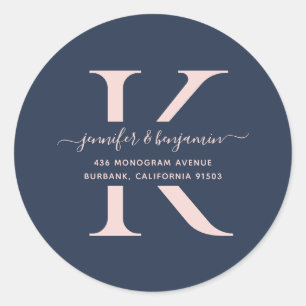 Navy Blue and Blush Script Monogram Return Address Classic Round Sticker
