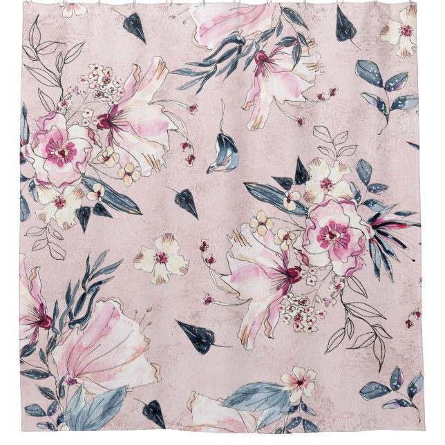 Navy Blue and Blush Watercolor Flowers Shower Curtain (Front)