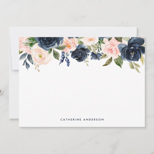 Navy Blue and Blush Watercolor Flowers Stationery Card (Front)