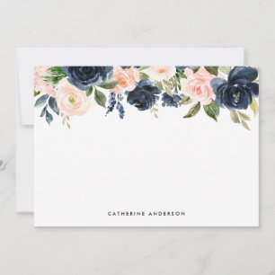 Navy Blue and Blush Watercolor Flowers Stationery Card