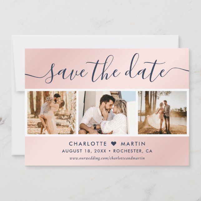 Navy Blue and Blush Wedding Photo Collage Save The Date (Front)