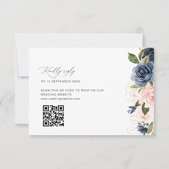 navy blue and blush wedding QR code RSVP card (Front)