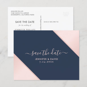Navy Blue and Blush Wedding Save The Date Announcement Postcard