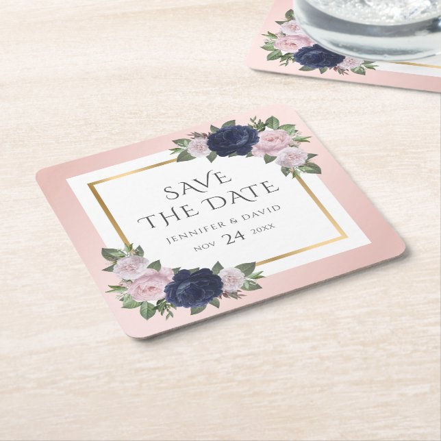 Navy Blue and Blush Wedding Save The Date Square Paper Coaster (Angled)