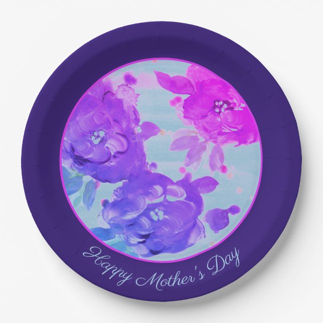 Navy Blue and Bright Pink Rose Paper Plates (Front)