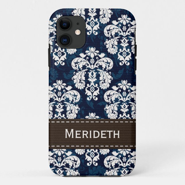 Navy Blue and Brown Damask Case-Mate iPhone Case (Back)