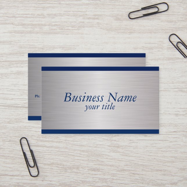 Navy Blue and Brush Silver Steel Design Business Card (Front/Back In Situ)