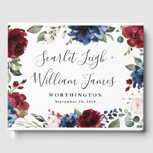 Navy Blue and Burgundy Blush Pink Floral Wedding Guest Book
