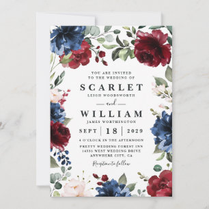 Navy Blue and Burgundy Blush Pink Floral Wedding Invitation