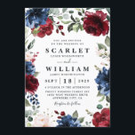 Navy Blue and Burgundy Blush Pink Floral Wedding Invitation<br><div class="desc">Template features an elegant wreath of watercolor flowers in shades of burgundy red,  Marsala,  navy and blush pink with a modern typography layout.</div>