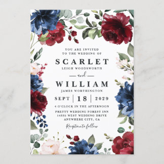Navy Blue and Burgundy Blush Pink Floral Wedding Invitation