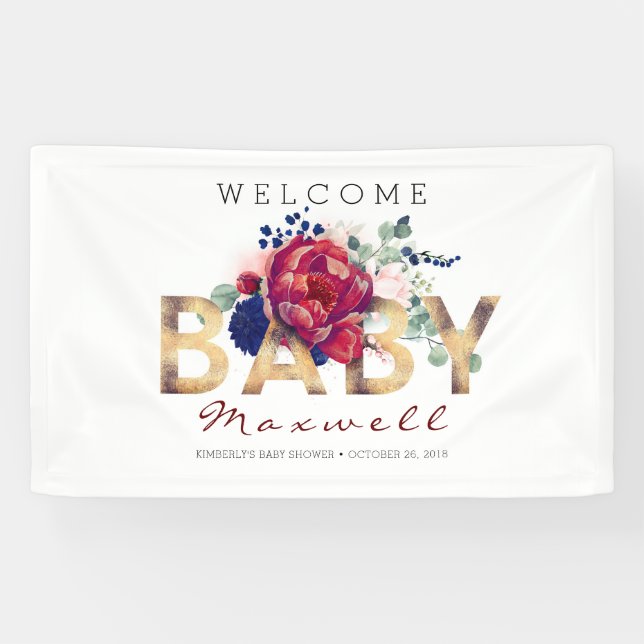 Navy Blue and Burgundy Floral Baby Shower Banner (Horizontal)