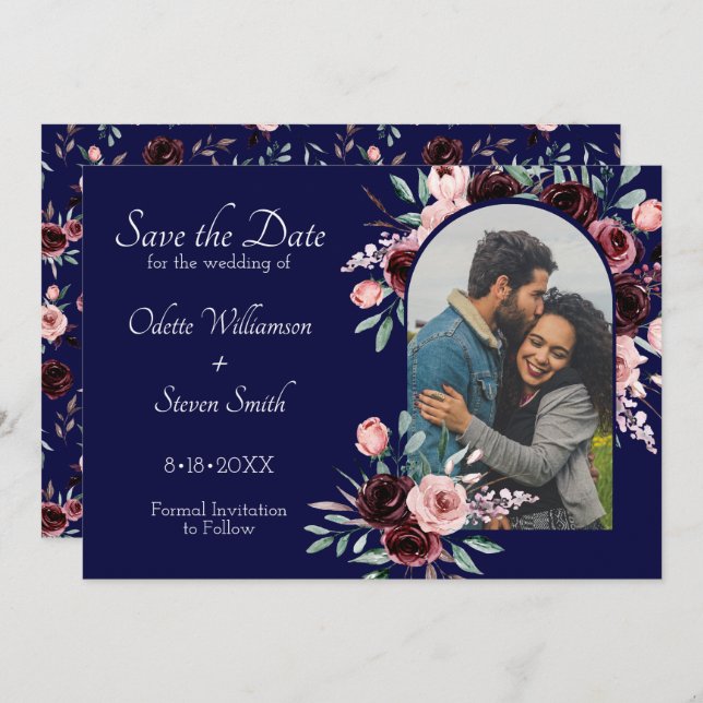 Navy Blue and Burgundy Floral Photo Wedding Save The Date (Front/Back)