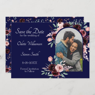Navy Blue and Burgundy Floral Photo Wedding Save The Date