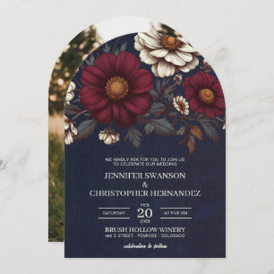 Navy Blue and Burgundy Floral Wedding Invitation