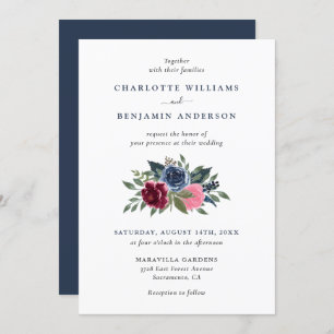 Navy Blue and Burgundy Floral Wedding Invitations