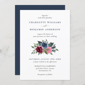 Navy Blue and Burgundy Floral Wedding Invitations