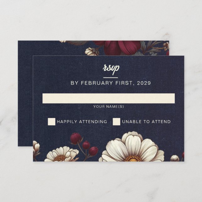 Navy Blue and Burgundy Floral Wedding RSVP Card (Front/Back)