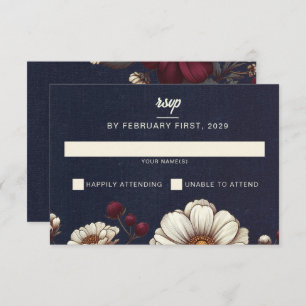 Navy Blue and Burgundy Floral Wedding RSVP Card