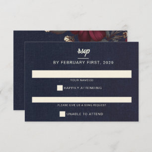 Navy Blue and Burgundy Floral Wedding RSVP Card