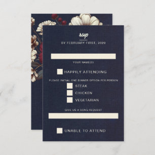 Navy Blue and Burgundy Floral Wedding RSVP Card