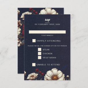 Navy Blue and Burgundy Floral Wedding RSVP Card