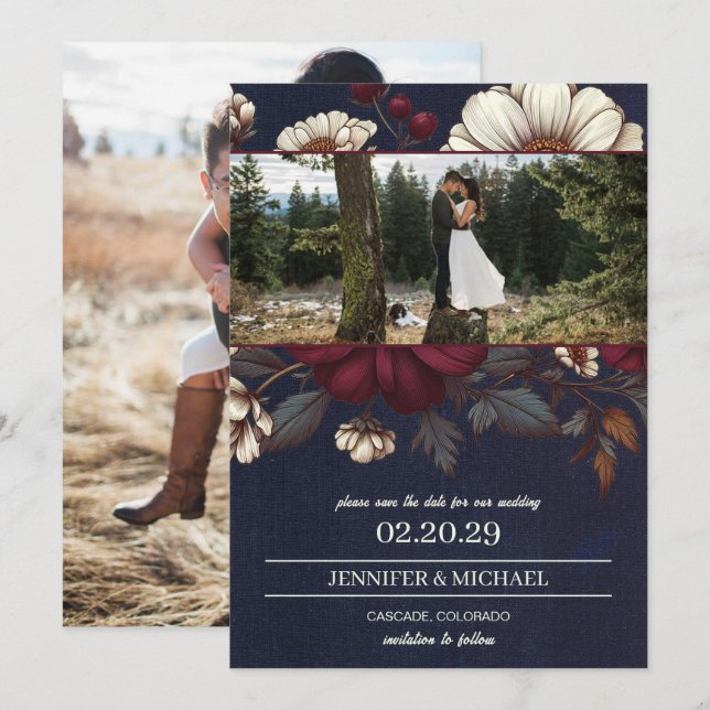 Navy Blue and Burgundy Floral Wedding Save The Date (Front/Back)