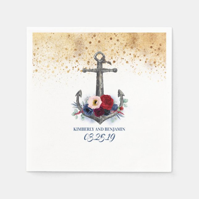 Navy Blue and Burgundy Red Floral Anchor Nautical Napkin (Front)