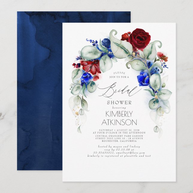 Navy Blue and Burgundy Red Floral Bridal Shower Invitation (Front/Back)